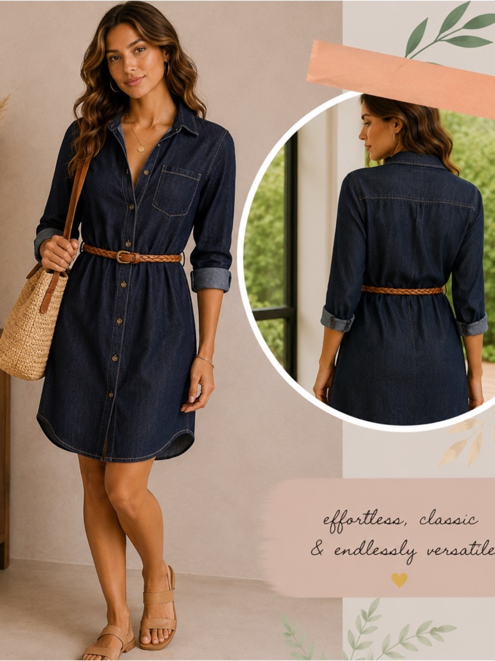 Dark Wash Faux Denim Shirt Dress with Braided Belt